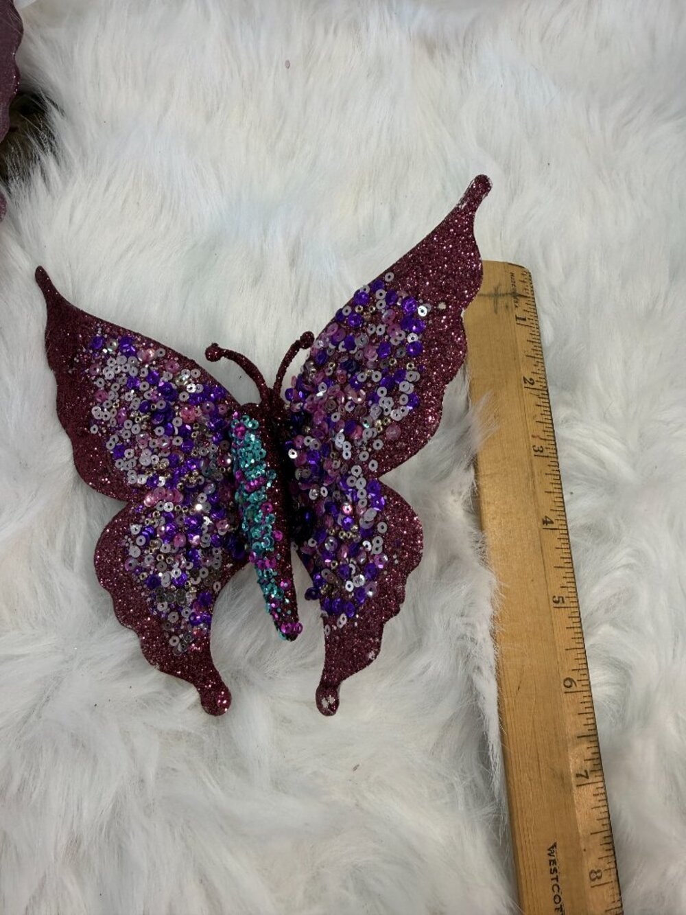 Set of 7 Purple Glitter Butterfly Clip-On Christmas Tree Ornaments 6" Holiday - Picture 3 of 4